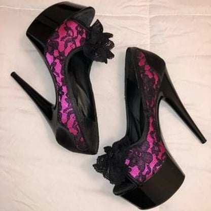 Black Rose Pink Color-Block Lace Platform Peep Toe Stiletto Pumps Woman Summer 2026 Bow Slip-On High Heel Banquet Women's Shoes