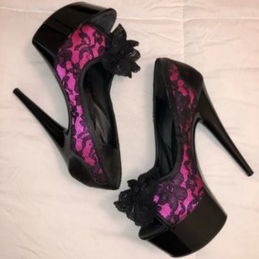 Black Rose Pink Color-Block Lace Platform Peep Toe Stiletto Pumps Woman Summer 2026 Bow Slip-On High Heel Banquet Women's Shoes
