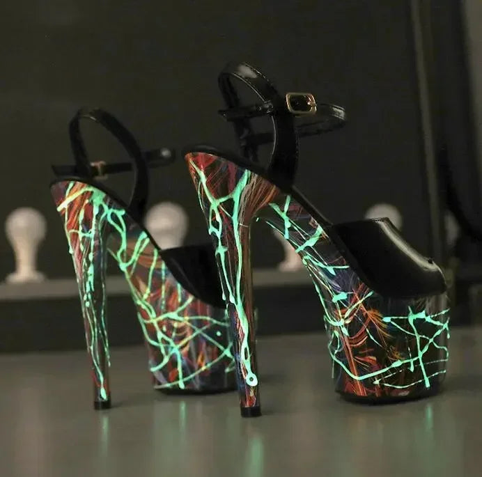 Patent Leather Stiletto High Heels Women Platform Sandals Super High Pumps Fluorescence Punk Sandals Pole Dancing Shoe Women88