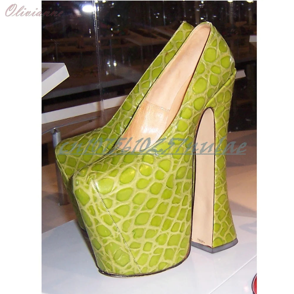 Runway Style Green Stoneprint Shallow Pumps Platform Chunky High Heel Party Fashion Sexy Women Shoes 2026 Hot Girls Para Mujere