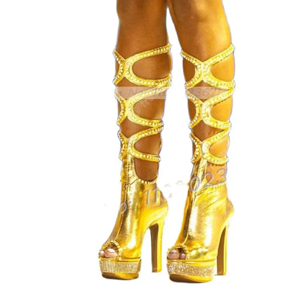 Gold Patent Platform Long Boots Women Crystal Cross Strap Sparkly Party Block Heels Shoe Ladies Cutout Peep Toe Cool Dance Boots