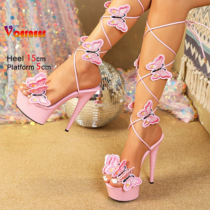 Fashion Platform Sandals 15CM High Heels Butterfly Ankle Strap Shoes For Women 2025 Summer Thin Heel Lace-up Pole Dance Sandals