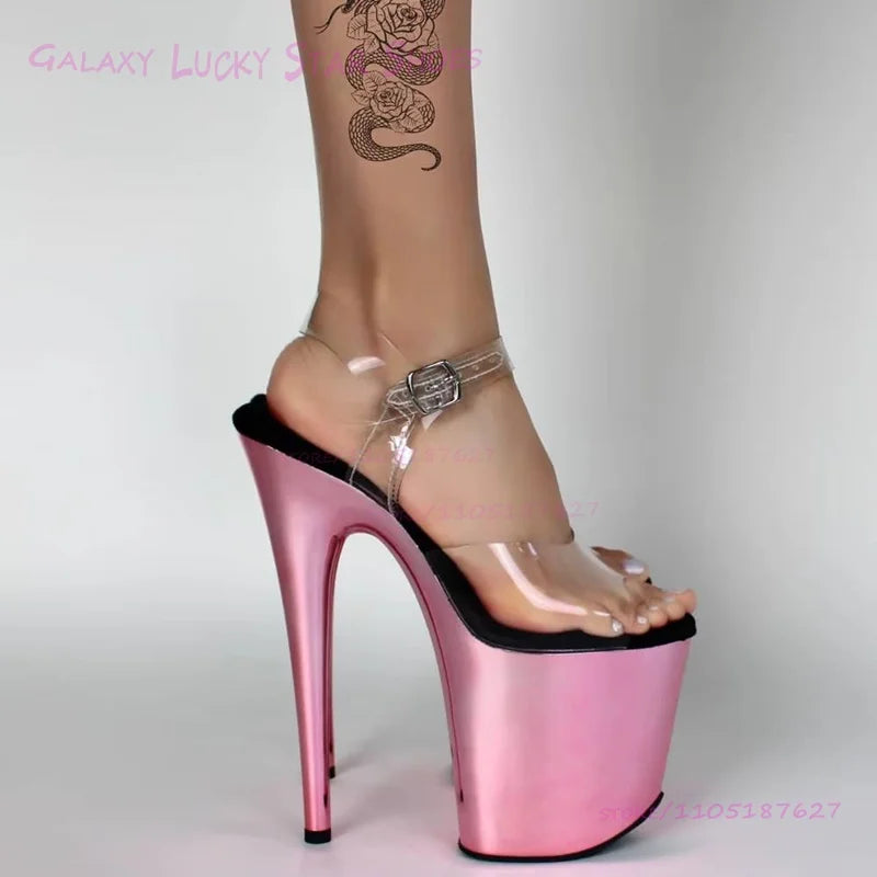 Glitterati Pole Dance Sandals Mirrored Metallic Shine Sexy Stage Shoes 8 inches/20cm Platform Heel Rose Red Open Girl Slingback