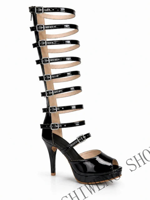 2026 Summer Metallic Gold Thigh High Heels Gladiator Wrap Strap Design Ultra High Stiletto Platform Shiny Party Sandals 44
