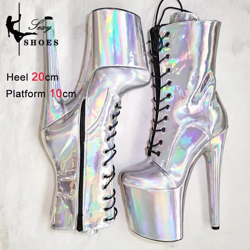 Magic Laser Color  Shiny Gold and Silver High Heels 20CM/8inches Platform Pole Dance Boot Women Model Catwalk Performance Shoes