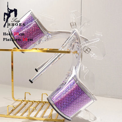 New Leopard Print Crystal Transparent Bling Women Sandals Dress Pole Dance Antiskid Shoes Platform Buckle High Heels Party Shoes