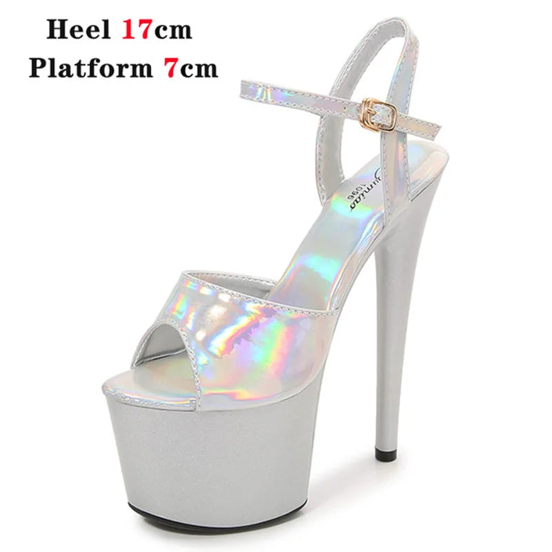 Women Shoes Heel Sexy Super High Pole Dance Party High Heels Sandals Platform Wedding Pumps Peep Toe Stripper Heels Silver