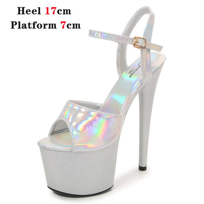 Women Shoes Heel Sexy Super High Pole Dance Party High Heels Sandals Platform Wedding Pumps Peep Toe Stripper Heels Silver
