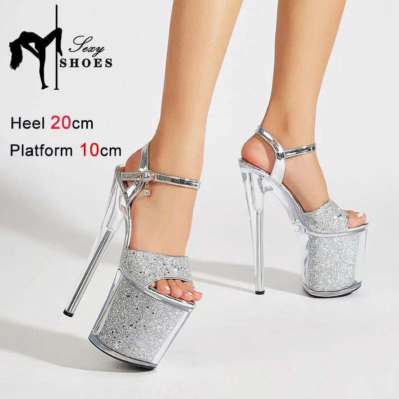 Luxury Golden Sandals Women's Platform High Heels 8 Inch Fashion Sequined Pole Dance Shoes 20CM Crystal Heel Runway Shoes Female