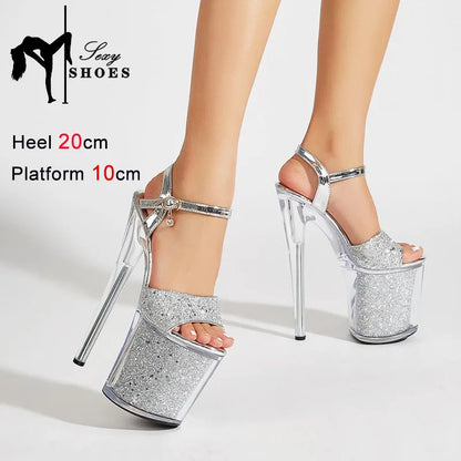 Luxury Golden Sandals Women's Platform High Heels 8 Inch Fashion Sequined Pole Dance Shoes 20CM Crystal Heel Runway Shoes Female
