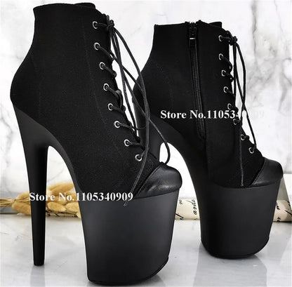 Bondarenko Pink-white Super Platform Stiletto Heel Short Boots Round Toe Lace-up 20cm Thin Heel Dance Shoes