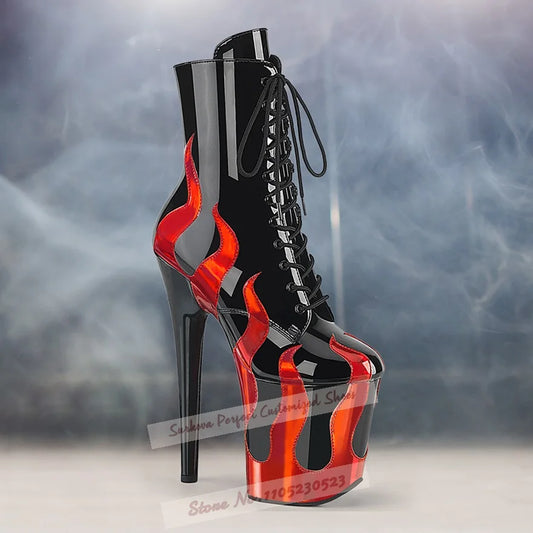 Sky High 20cm Stiletto Heels Pole Dancing Shoes Hologram Iridescent Red Fire Shaped Patchwork Ankle Boots Platform Lace-Up