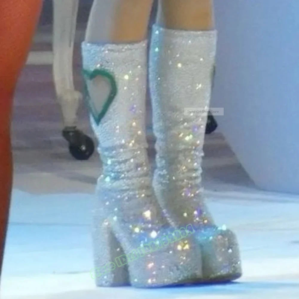 Crystal Bling New Boots Round Toe Thick Sole Platform Knee High Boots Chunky High Heels Sweet Heart Studded Women Sexy Shoes