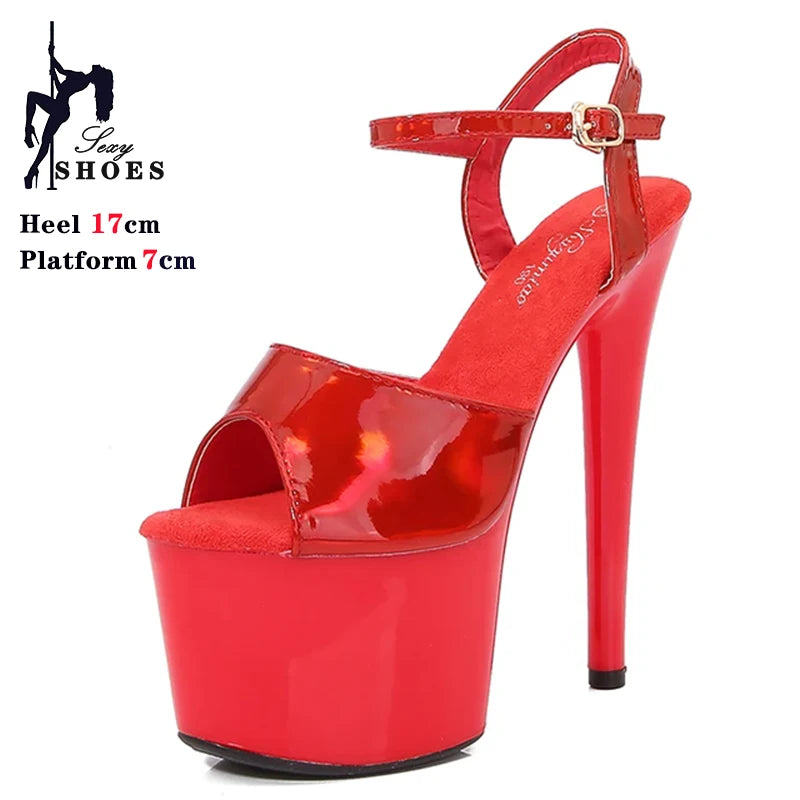 Sexy 17cm High Heeled Women Sandals Peep Toe Platform Sandals Women Shiny Laser Leather Buckle Strap Stiletto Pole Dance Shoes