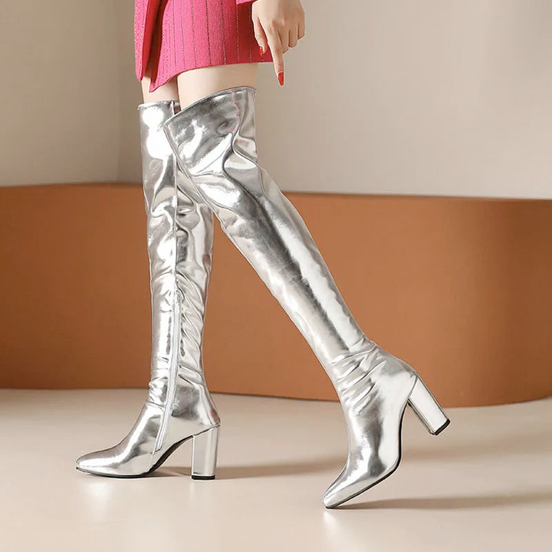 Sexy Over the Knee High Boots Women Party Dance Winter Shoes Ladies Silver Gold Thick High Heel Custom
