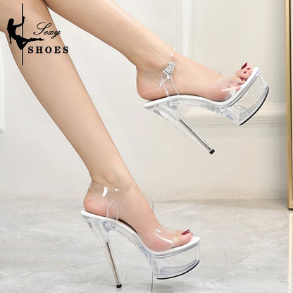 2023 Sexy Super High Heels 15CM Stiletto Girls Shoe for Party Club Stripper Platform Sandals Transparent Crystal Pole Dance