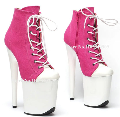 Bondarenko Pink-white Super Platform Stiletto Heel Short Boots Round Toe Lace-up 20cm Thin Heel Dance Shoes