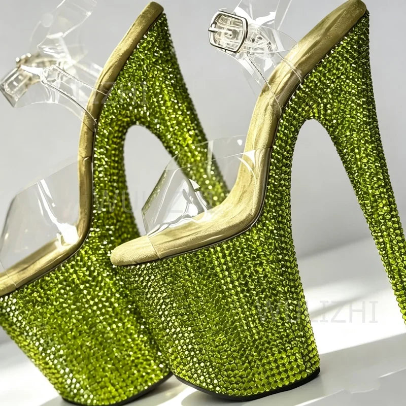 Rose Pink Crystal Diamond Sandals Sparkling Women Blue Jewel Green Yellow Custom Buckle Heels 17cm 7 Inch Open Pole Dancing Shoe