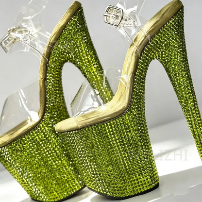 Rose Pink Crystal Diamond Sandals Sparkling Women Blue Jewel Green Yellow Custom Buckle Heels 17cm 7 Inch Open Pole Dancing Shoe