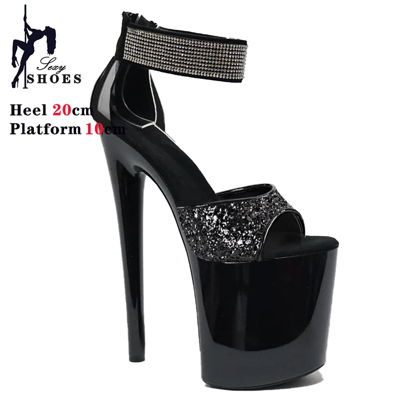 20cm/8inchs High-heeled Sandals Women's Summer Strap Thin Heel Black Sandals Stripper Pole Dance Dress Models Nightclub Shoes