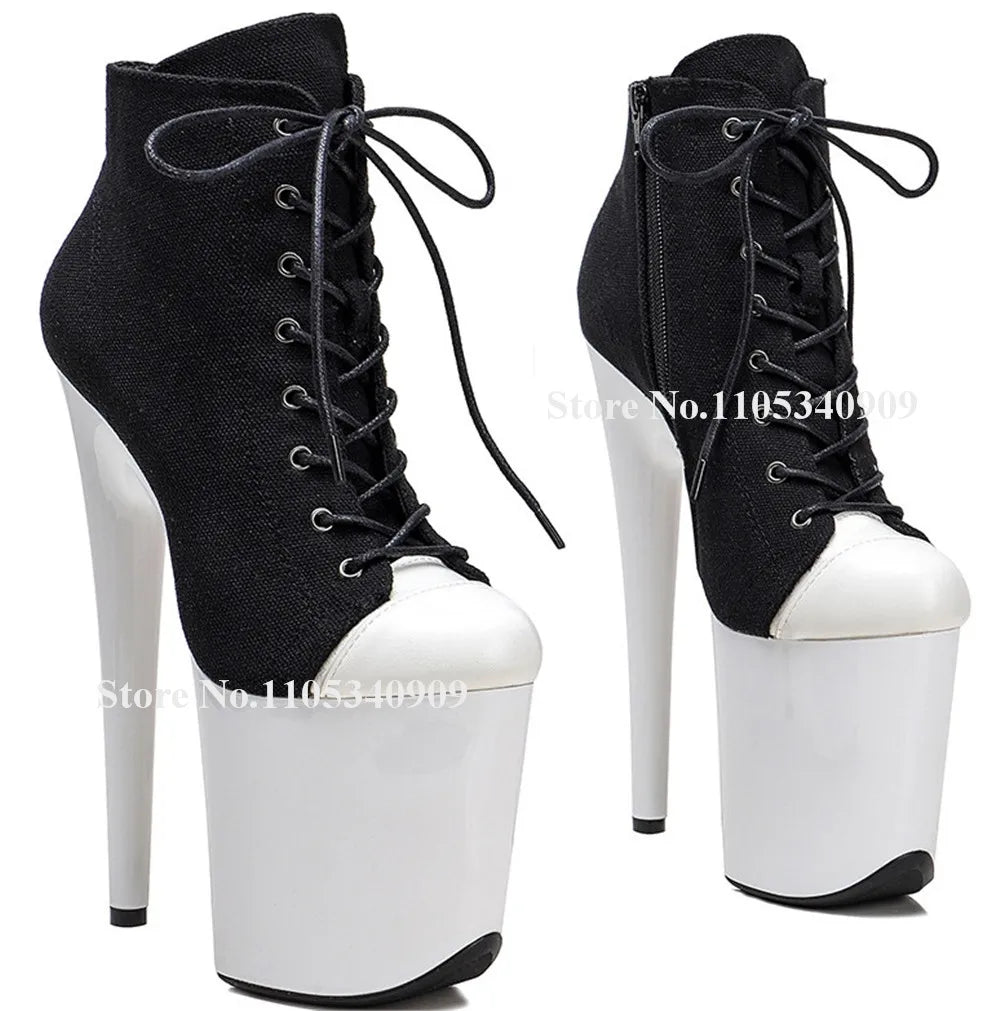 Bondarenko Pink-white Super Platform Stiletto Heel Short Boots Round Toe Lace-up 20cm Thin Heel Dance Shoes