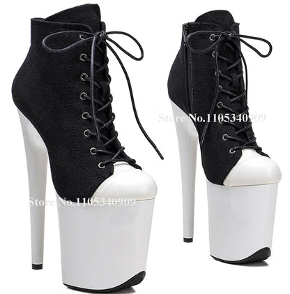 Bondarenko Pink-white Super Platform Stiletto Heel Short Boots Round Toe Lace-up 20cm Thin Heel Dance Shoes