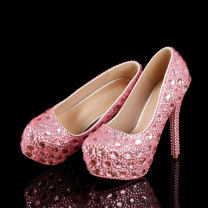 Sexy Fashion Women's Pumps Rhinestone Platform Wedding PU 14CM Thin Heels Round Toe Shallow Party Blue Pole Dancing Woman Shoes