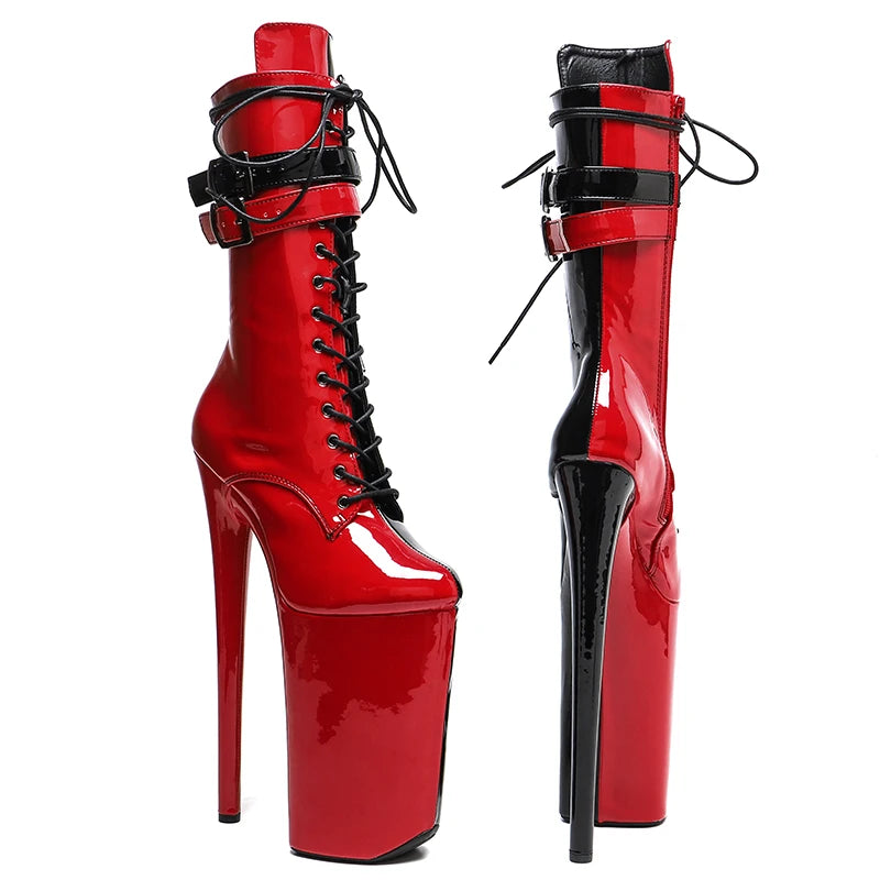 Leecabe  26CM/10inches  Black with white color  patent PU sexy exotic High Heel platform party shoes Pole Dance boot