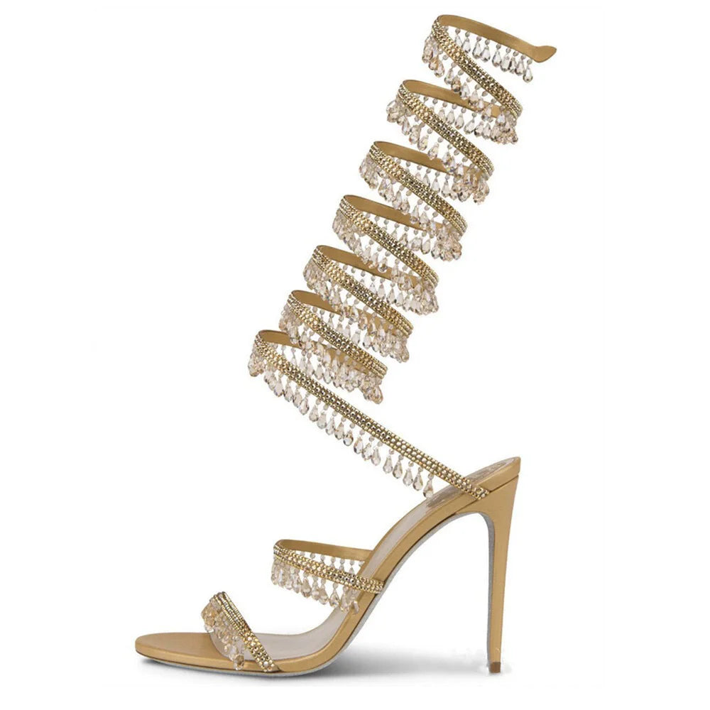 Thin high-heeled sandals summer new snake-shaped wrapped crystal pendant fringed rhinestone shoes banquet large-size women shoes
