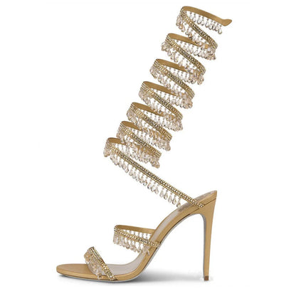 Thin high-heeled sandals summer new snake-shaped wrapped crystal pendant fringed rhinestone shoes banquet large-size women shoes