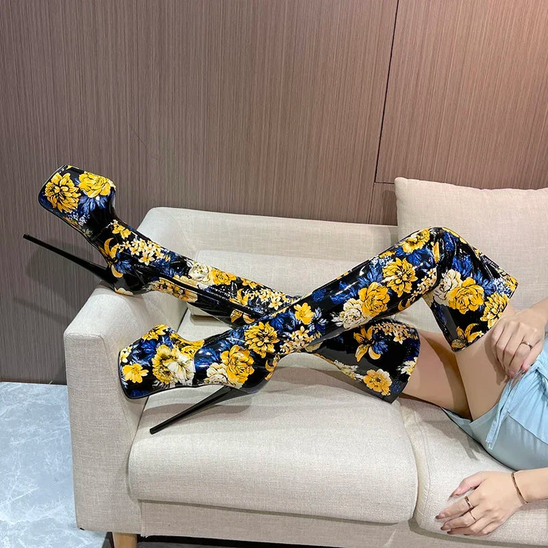 SDTRFT Ladylik SM Shoes Pole Dancing 20cm Thin Heels Stilettos Over The Knee Long Boots Platform Women Pumps Printed Botas Mujer