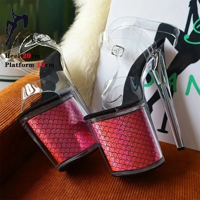 20cm/8Inch Crystal Transparent Women Sandals Models Dress Pole Dance Antiskid Shoes Bling Platform Buckle High Heel Party Shoes