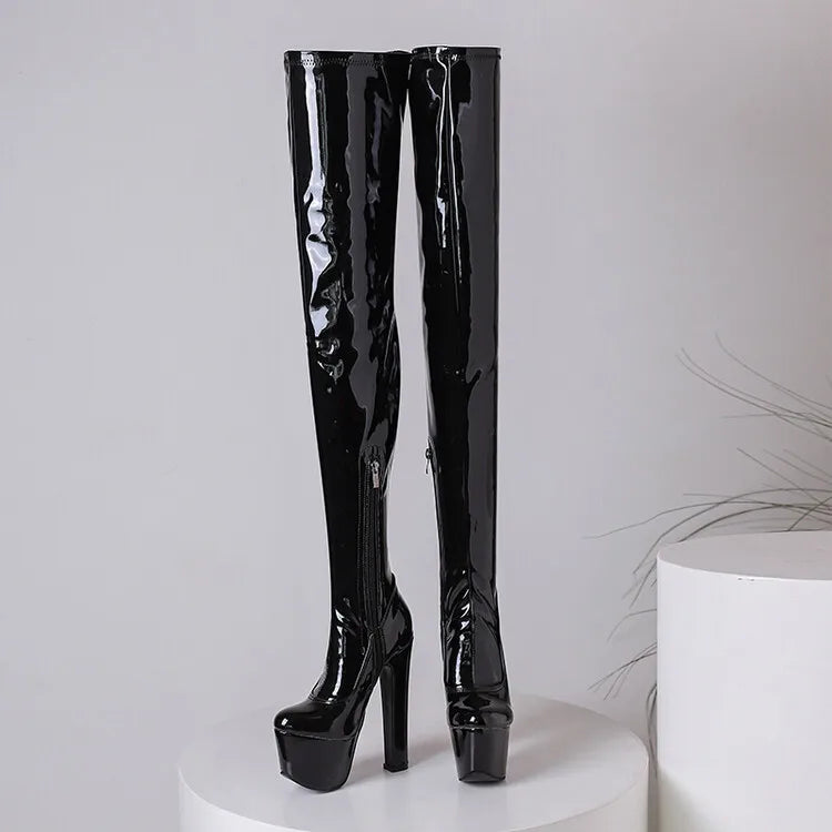 2023 Matte Black Side Zipper Over Knee Boots 35-46 Waterproof Platform Round Head Steel Pipe Dance Boots 17cm Thick Heel Boots