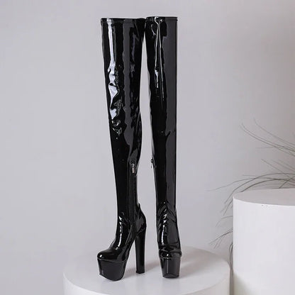 2023 Matte Black Side Zipper Over Knee Boots 35-46 Waterproof Platform Round Head Steel Pipe Dance Boots 17cm Thick Heel Boots