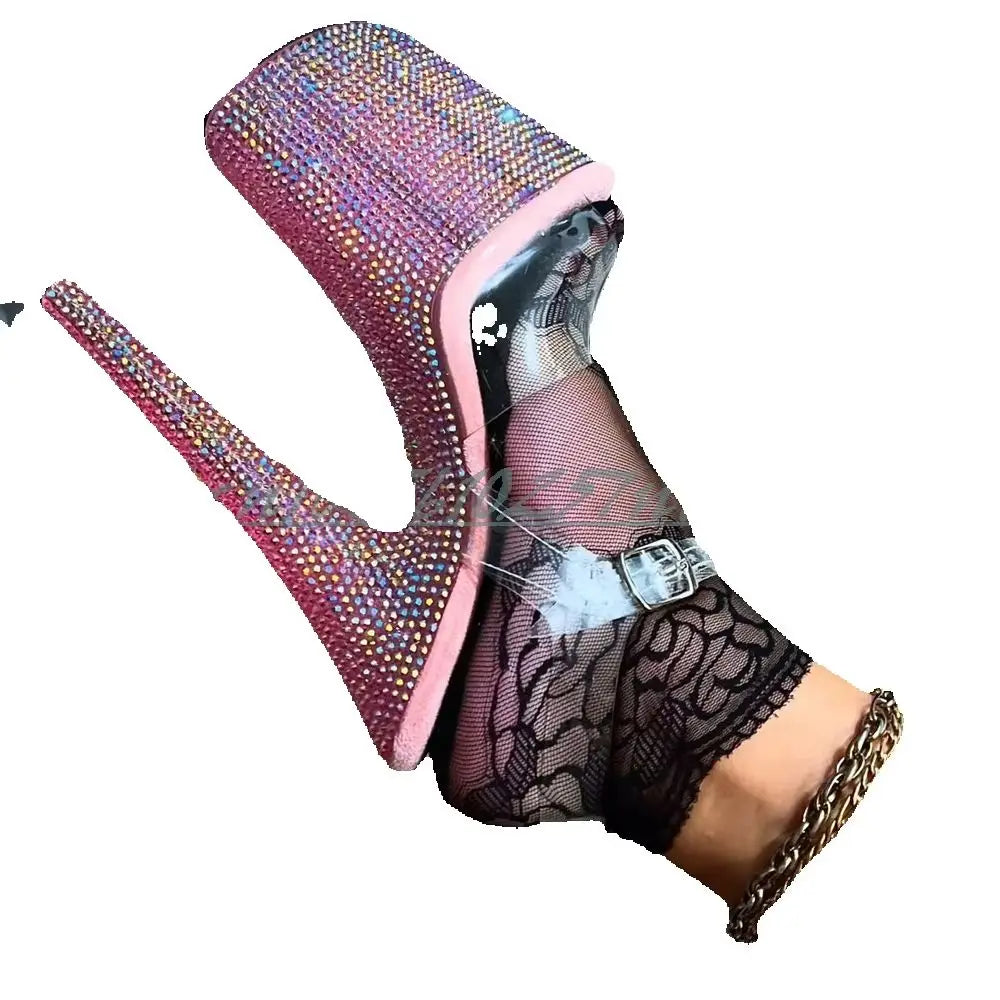 Pink Glitter Crystals Platform Sandals Clear PVC Ankle Strap Stiletto High Heel Party Hot Girls Women Dance Shoes Pole Dance