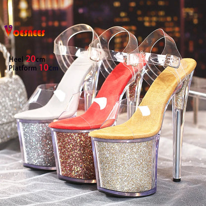20CM Extreme High Heel Sequin Platform Clear Sandals Women Transparent PVC Summer Sexy Runway Sandals Stripper Pole Dance Shoes - Grande Heels