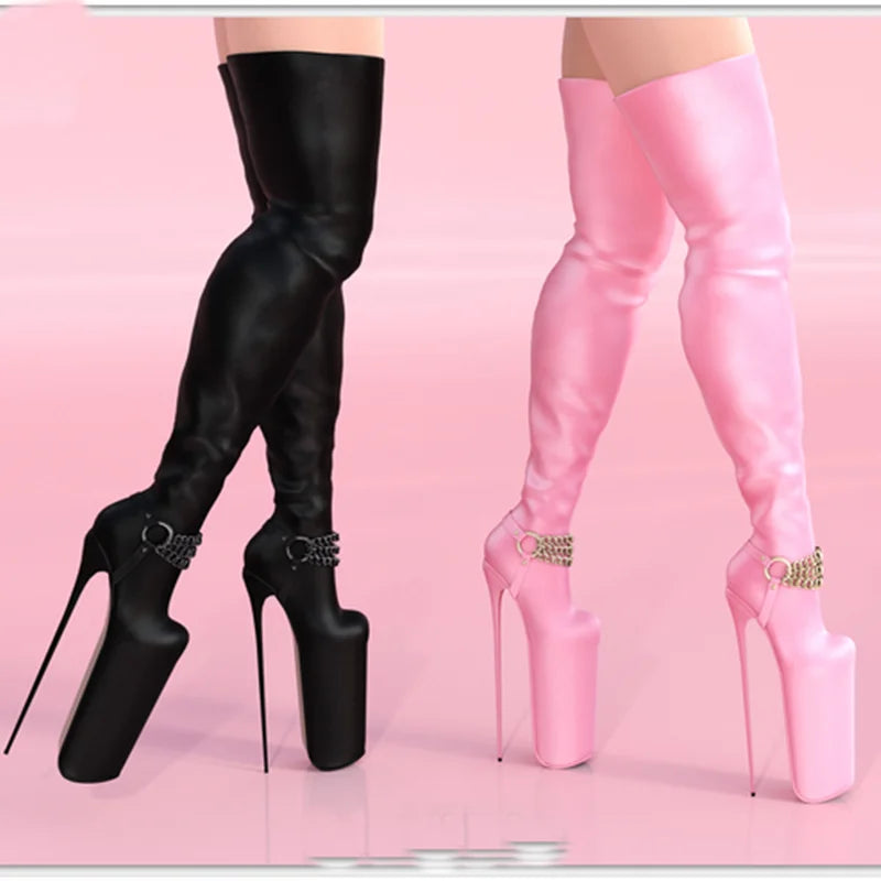 Black Chain Platform Over Knee High Boots Thin High Heel Fashionable Sexy Cool Western Winter Woman Shoes Zapatillas Mujer