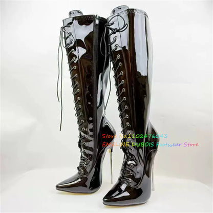 18cm Heel Stiletto Women Knee High Boots Patent Leather Pole Dancing Side Zip Lace Up Metal High Heel Sexy Knee High Boot