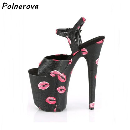 Pink Lip Print Extreme Platform sandals Stiletto Heels Women Peep Toe Ankle Strap Party Shoes summer elegant dress shoes