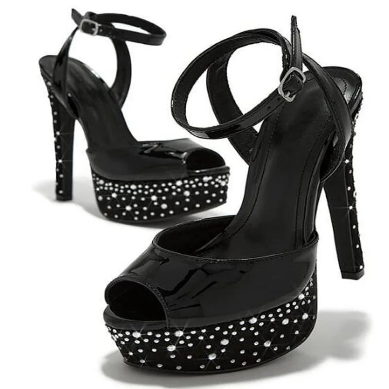 Luxury Women Gold Black Shiny Patent Leather Peep Toe Platform Summer Sandals Female Bling Crystal Rhinestone High Heel Shoes