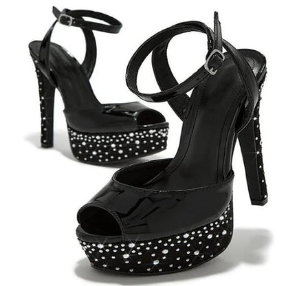 Luxury Women Gold Black Shiny Patent Leather Peep Toe Platform Summer Sandals Female Bling Crystal Rhinestone High Heel Shoes
