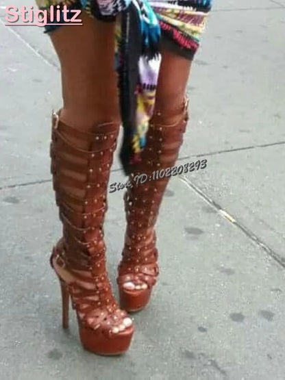 Retro Brown Hollow Knee-high Sandals Open Toe Cross-tied Platform High Heels 2026 Summer Fashion New Roman Party Women Shoes