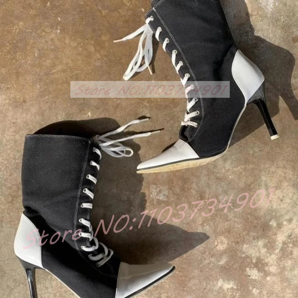Splicing Pointed Toe Stiletto Boots Women Black Denim Lace-up High Heels Sneakers Female Sexy Fashion Ankle Boots
