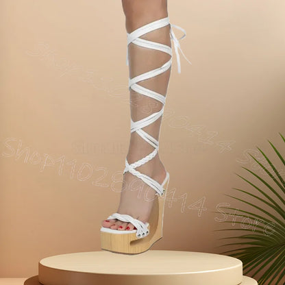 Black Knitted Strap Wooden Strange Style Heels Sandals Lace Up Women Shoes Open Toe New Party Banquet 2026 Zapatos Para Mujere