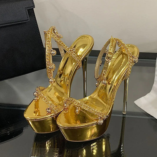 Golden Female Metal Chain Buckle Strap High Heels Sandals Women Pumps Fashion Platform Stiletto Heels Nightclub Party Lady Shoes