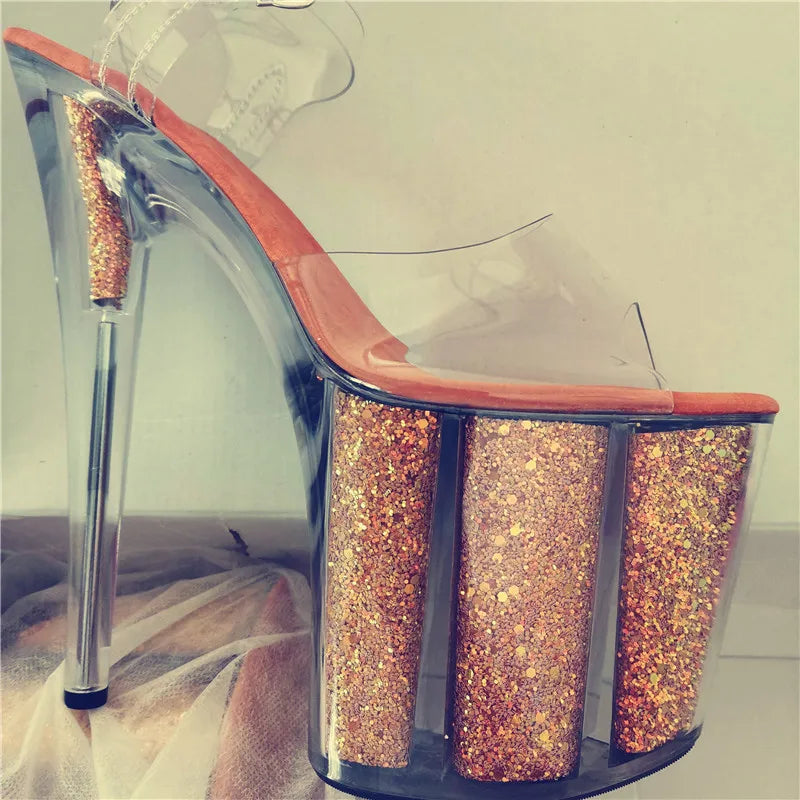 20 cm sexy transparent platform sequined decoration, 8 inch stiletto banquet nightclub shoes/pole dancing model sandals
