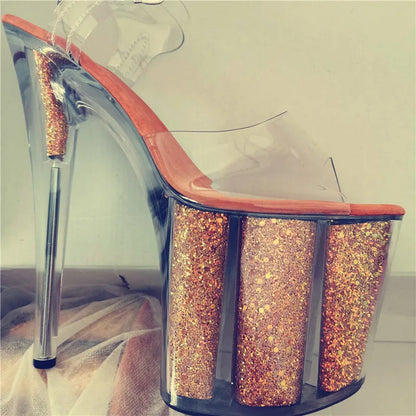20 cm sexy transparent platform sequined decoration, 8 inch stiletto banquet nightclub shoes/pole dancing model sandals