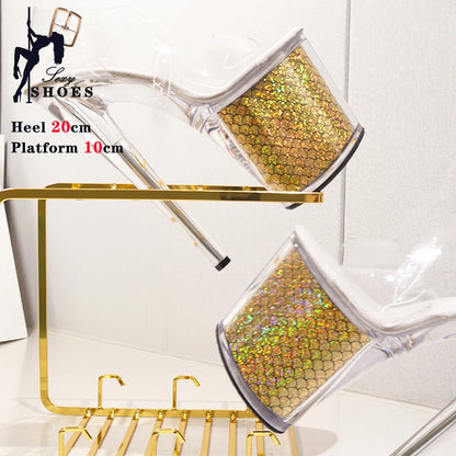 New Leopard Print Crystal Transparent Bling Women Sandals Dress Pole Dance Antiskid Shoes Platform Buckle High Heels Party Shoes