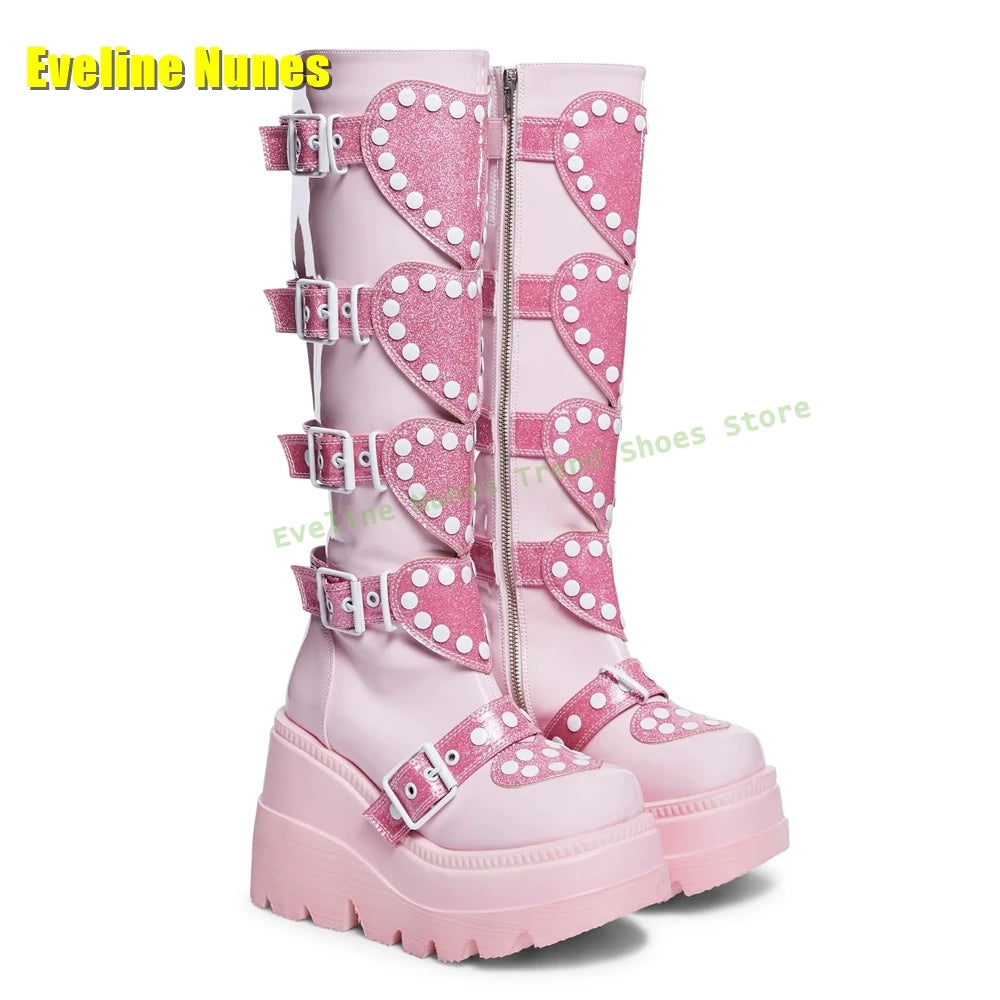 Heart Platform Wedge Knee High Boots Pink Round Toe Thick Sole Belt Buckle Women Y2K Sweet Cool Fashion Shoes Street Style 2025
