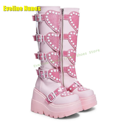 Heart Platform Wedge Knee High Boots Pink Round Toe Thick Sole Belt Buckle Women Y2K Sweet Cool Fashion Shoes Street Style 2025